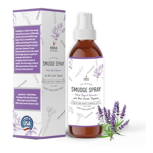 SOUL STICKS White Sage & Lavender Smudge Spray 3.5oz Smokeless Mist with Quartz Crystals Calming Essential Oil Spray for Sleep Stress Relief Meditation and Energy Cleansing