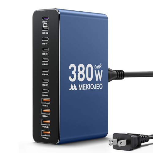 Image of MEKIOJEO 12 Ports Aluminum Alloy 380W Charging Station Fast USB C Charger Block 65W Laptop GaN Charger for MacBook Pro /Air /iPad Pro /iPhone (Blue)