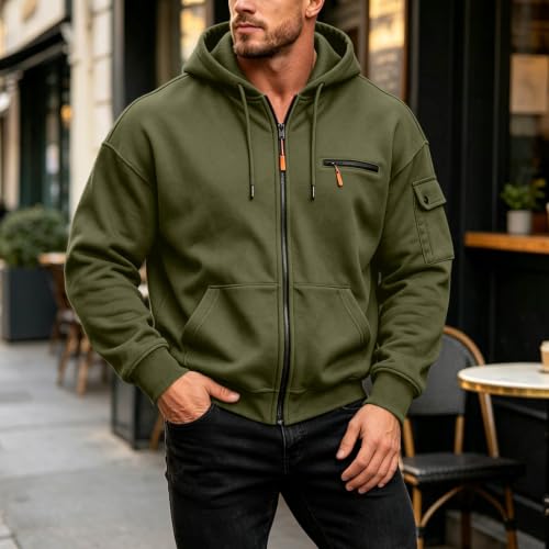 Mens Full Zip Utility Hoodie Chest Zip Sleeve Pocket Casual Travel Jacket - image 6