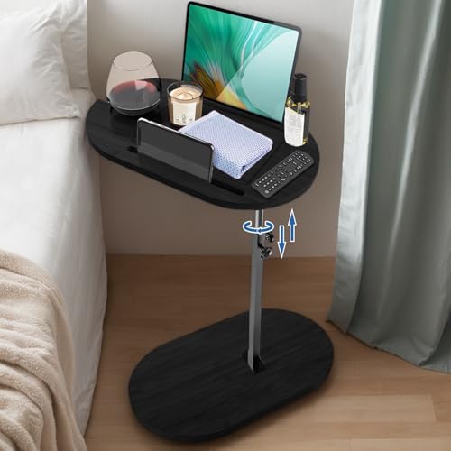 Exquilnova 360° Rotation Side Table Living Room,Bamboo C Shaped Side Table,Adjustable Height Sofa Table, Modern Lift Top Coffee Table for Living Room,Bedroom,Bathroom(Black)