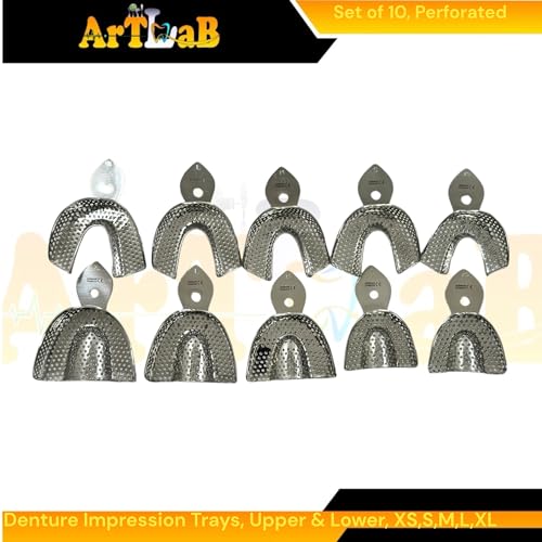 Dental Denture Impression Trays with Perforations, for Upper and Lower Impressions, X-Small, Small, Medium, Large, & X-Large [Set of 10] Stainless Steel