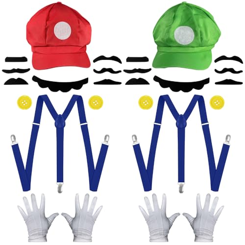 2 Piezas Disfraz Mario Bros, Gorra Mario Bros, Mario Bros Mario y Luigi Sombrero Bigote Guantes Botón Tirantes Accesorios Mario Classic Gorra de Cosplay Rojo y Verde para Adultos Niños