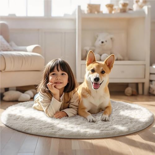 image for Ophanie Round Rug 4Ft Ivory Circle Area Rug, Aesthetic Room Decor, Flu