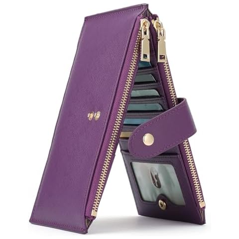 GOIACII Womens Wallet Rfid Blocking Bifold Credit Card Holder with 2 Zipper Pockets Purple Cover