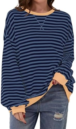 DUOEASE Pullover Damen Streifen Oversize Pullover Langarm Herbst Rundhals Sweatshirt Y2K Oberteile