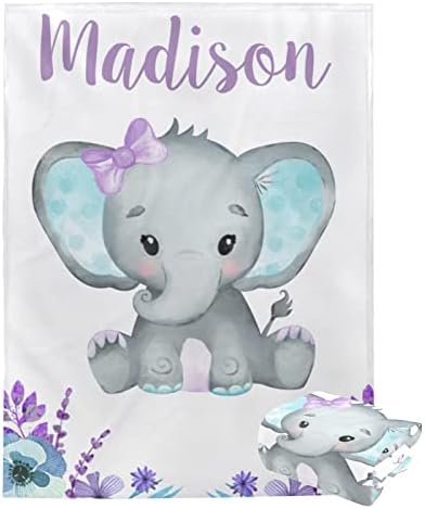 Personalized Baby Swaddle Blanket with Name Receiving Baby Blanket Customized Blanket Soft Lightweight Blanket Elephant Blanket New Born Baby Girls Gift for Baby Shower - Purple Elephant (30x40in)