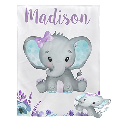 Personalized Baby Swaddle Blanket With Name Receiving Baby Blanket Customized Blanket Soft Lightweight Blanket Elephant Blanket New Born Baby Girls Gift For Baby Shower - Purple Elephant (30X40In) #TOP23