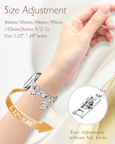 Image of Slim Gold Metal Band Compatible with Apple Watch Bands for Women 38mm 40mm 41mm 42mm 44mm 45mm 46mm, Dressy Designer Charm Bracelet Thin iWatch Bands for SE 3 2 1 Series 11 10 9 8 7 6 5 4 3 2