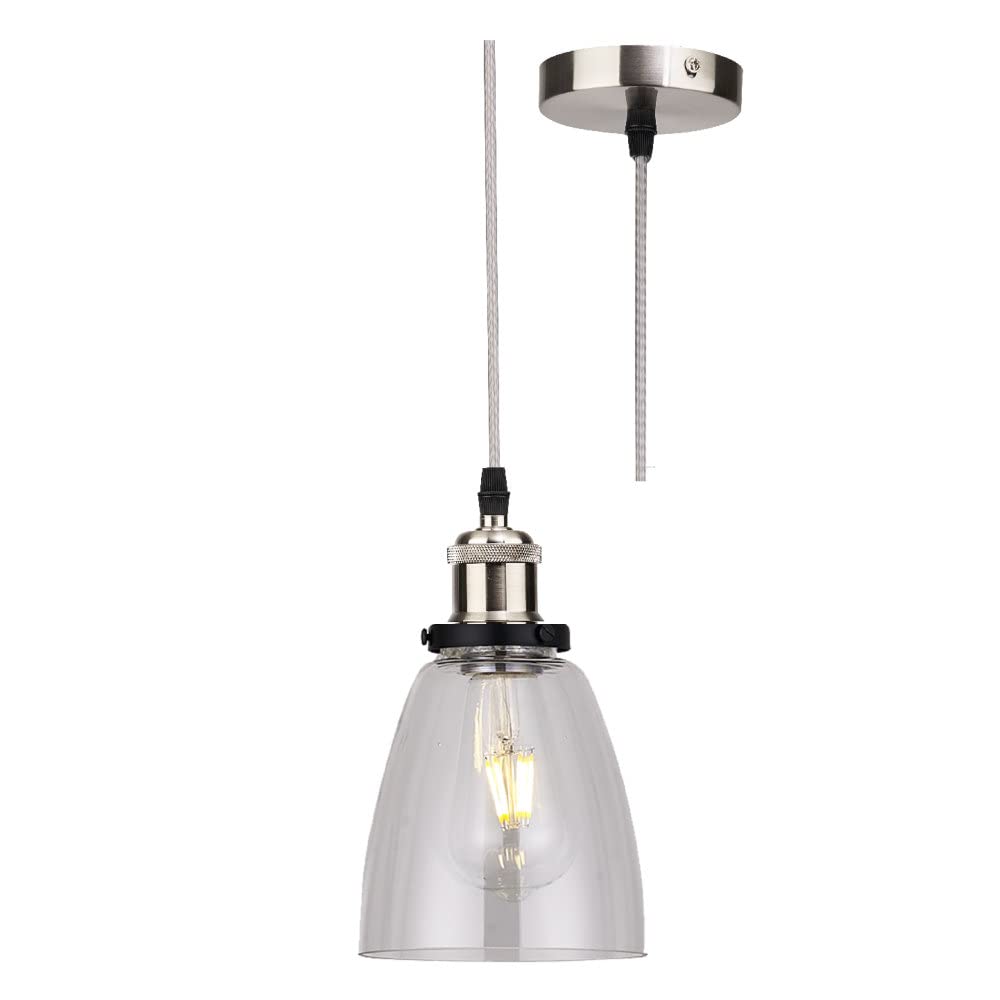 Britalia Brushed Chrome & Clear Conical Tulip Glass Vintage Retro Pendant Ceiling Light | 14cm Diameter | Silver Braided Cable | 1 x ES E27 Lamp Bulb Required | 240 Volts | Bedroom - Lounge - Kitchen