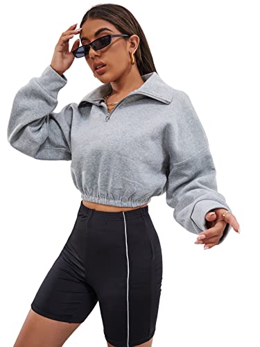 Floerns Women s Casual Long Sleeve Half Zip Drop Shoulder Sweatshirt Crop Top Light Grey S