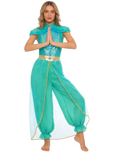 Eandarui Arabische Prinzessin Kostüm Damen Indische Orientalische Tanzkleidung Pailletten Overall Rüschen Tüll Jumpsuit Bauchtänzerin Outfit Faschingskostüm Hellblau M