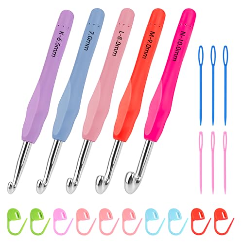 Crochet Hook Set, Size 6.5mm 7mm 8mm 9mm 10mm Ergonomic Aluminum Large Crochet Hooks Kit with Soft Handles Include Crochet Needles and Stitch Markers for Arthritic Hands Beginners Knitting Supplies