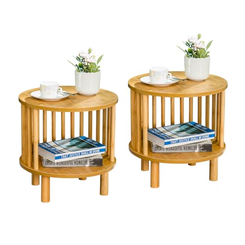 MFSTUDIO Bamboo Nightstand End Table Set of 2, Round 15.7"