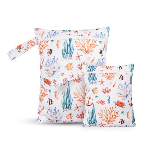 Image of CoolaPeach 2 Pcs Wet Bags Waterproof Reusable Zippered Pocket Cloth Diaper Wet Dry Bags for Travel Beach Pool Swim, Baby Diapers,Gym Yoga Wet Clothes,Swimsuit,water wipes (Marine Organism)