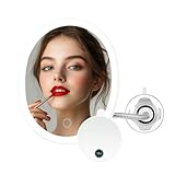 OVENTE 9'' Rechargeable Lighted Wall Mount Makeup Mirror for Bathroom with Mini Magnetic 10X Magnifying Mirror, Touch Screen Dimmable LED Lights, Flexible Gooseneck and Suction Mounting, White MOW22W
