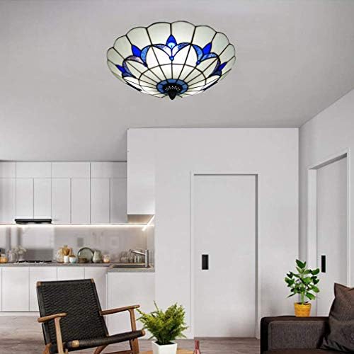 LANMOU Tiffany Style Ceiling Fixture Flush Mount Ceiling Light Mediterranean Glass Shade Lamp Semi Flush Mount Ceiling Lamp use E27 Light Bulbs Blue and White,Ø30cm