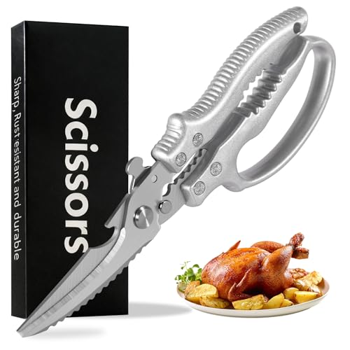 Dwzenvie Heavy Duty Poultry Shears, Kitchen Shears Silver with Slip Handle & Safety Lock, Multi-Purpose Kitchen Scissors for Chicken, Meat Cutting Turkey Fish Vegetables