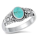 Flower Simulated Turquoise Fashion Bali Ring New .925 Sterling Silver Band Size 4