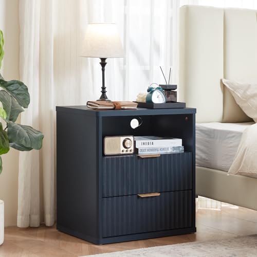 LEYAOYAO Fluted Farmhouse Nightstand Set of 2 with Charging Station, 23" Wide 2 Drawers End Table,Navy Blue Dresser for Bedroom,Bed Side Table Chest of Drawers Cabinet,Wood Night Stand for Living Room