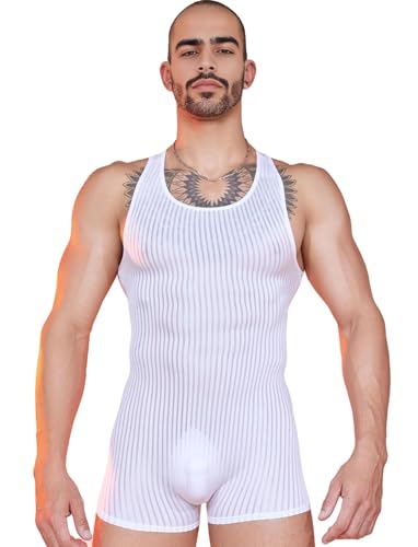 Metelam Sleeveless Striped Singlets for Workout Fitness and Exercise One Piece Bodysuit for Cycling Gymnastics and Dance Fitness Slim Fit Wresting Suit with Scoop Neck and Boxer Short Design