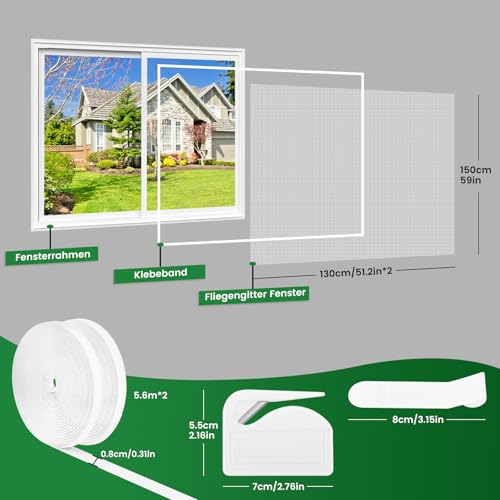Fliegengitter Fenster ohne Bohren,Zugeschnitten auf Fenstergrößen bis 130x150cm,Verdicktes Netz nicht leicht zu reißen,Insektenschutz Fenster mit Klettband+Zuschneider+Presshilfe, 2 Stück, Weiß