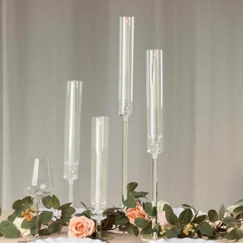 TABLECLOTHSFACTORY Set of 4 Clear Acrylic Taper Candlestick Holders, Hurricane Candle Stands with Tall Chimney Tube Candle Shades - 14