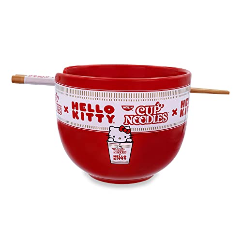 Silver Buffalo Sanrio Hello Kitty x Nissin Cup Noodles Red Ceramic Dinnerware Set | Includes Ramen Noodle Bowl and Wooden Chopsticks