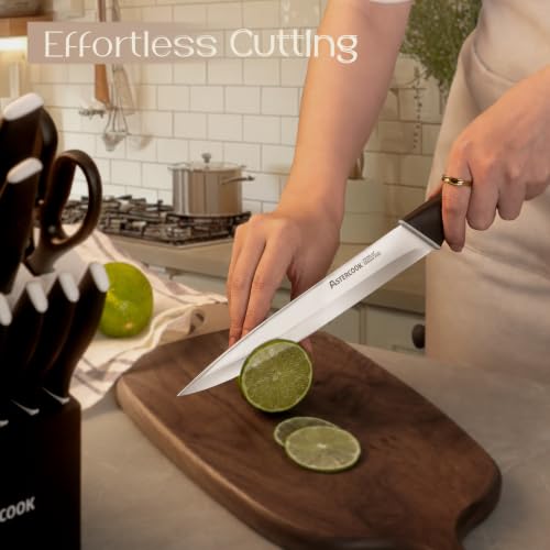 Image of Astercook Knife Set, Kitchen Knives with Block and Sharpener 15 Pcs German Stainless Steel Knives Sharp Blade Dishwasher Safe Deba Knives with Ergonomic Handle, Elegant Black