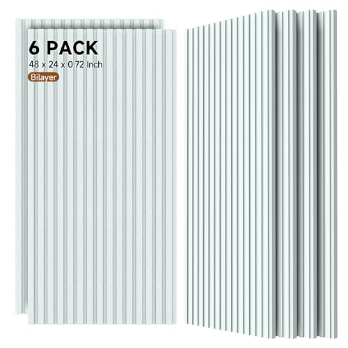 TO-TH Acoustic Panels for Wall and Ceiling - 6 Pack Bilayer 3D Fluted Sound Absorbing Panel,48” x 24” x 0.72” Soundproof Wall Panels,White