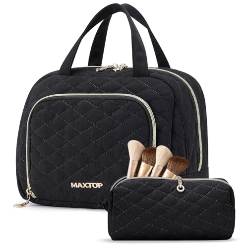MAXTOP Large Make Up Bags for Women Girls,2Pcs Cosmetic Bag with Jewelry Storage Compartment and Handle,Quilted Makeup Bag,Travel Toiletry Bag for Travel Essentials Make Up Organizer Bag