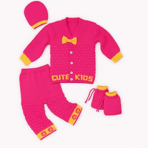 Image of Baby Unisex New Born Baby Boys Girls Soft Comfortable Trendy Woolen Round Neck Stripe Sweater Set with Payjami, Cap and Pair of Booties for Toddlers