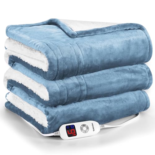 Yokimisu Electric Blanket Twin Size, Heated Blanket Flannel and Sherpa 62 x 84 Inches ETL Certification w/ 6 Heat Settings, 10 Hours Auto Shut Off, for Bed Home Office, Machine Washable, Light Blue