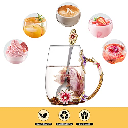 Natayoo Enamel Flower Glass Coffee Mugs Tea Cup With Steel Spoon, Best Birthday Gifts For Women Wife Mom Friends Mothers Day #TOP3