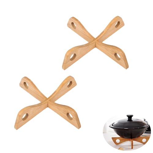 UtySty Topfuntersetzer, wendbar, abnehmbar, Bambus, Holz, Camping-Topfhalter, Ständer für heiße Bratpfannen, Karbonstahl, Wokpfanne, Bratpfanne, Bratpfanne, Auflaufform, Camping-Kochgeschirr-Set, 2