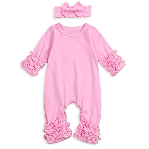 Image of GRNSHTS Newborn Baby Girls Ruffle Romper Solid Long Sleeve Jumpsuit One-Piece Coming Home Clothes With Headband