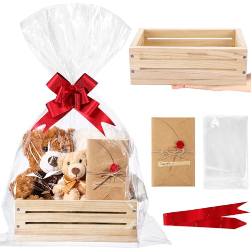 Image of Wonderjune Wooden Baskets for Back to School Gifts Empty Wood Basket with Cellophane Bag Ribbon Greeting Card for Birthday Baby Shower Wedding Housewarming Gifts Packaging(Wood,Small)