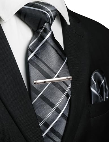 Image of RBOCOTT Silk Stripe Plaid Tie and Pocket Square with Tie Clip Sets for Men