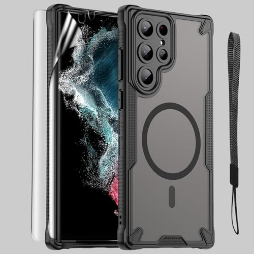 Htlhpxx for Samsung Galaxy S22 Ultra Case with Magsafe Magnetic Slim Shockproof Protective Case Translucent Matte Back with Lanyard Strap and 2*Flexible TPU Film Phone Cover 6.8-inch-Black