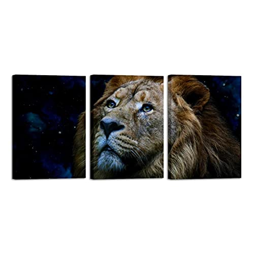 Tableau lion triptyque prêt à accrocher pour habiller un mur de salon