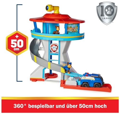 PAW Patrol, Lookout Tower, Hauptquartier Spielset mit 1 Chase Basis Fahrzeug, 2 Chase Figuren und Zubehör, geeignet für Kinder ab 3 Jahren