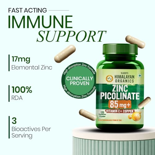 Image of Vlado's Himalayan Organics Zinc Picolinate with Vitamin C & Copper | Zinc Supplements for Men with 100% RDA Zinc | Immunity & Cellular Health Support - 120 capsules