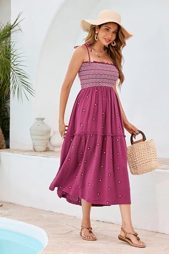 Image of R.Vivimos Womens Summer Cotton Boho Midi Dress 2026 Spaghetti Strap Floral Embroidered Smocked Tiered Flowy Long Dresses