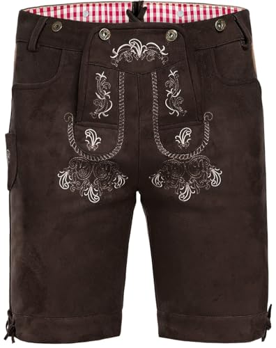 AMZHOTER Lederhose Herren Tracht Oktoberfest Trachtenhose Trachtenlederhosen Kurz Lederhosen Mann Braun bayrische Trachten Hose Trachtenmode mit Hosenträger Dunkelbraun 56