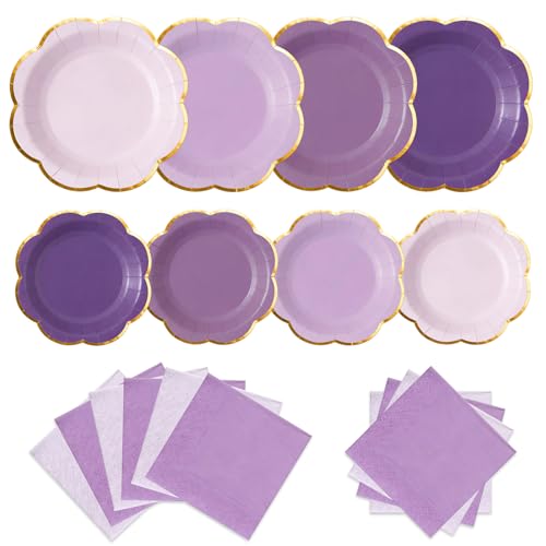 Purple Plates and Napkins Party Supplies for 20 Guests Lavender Scalloped Paper Plates with Gold Rim Elegant Disposable Tableware Set for Birthday Baby Shower Wedding Bridal & Tea Party 60 PCS
