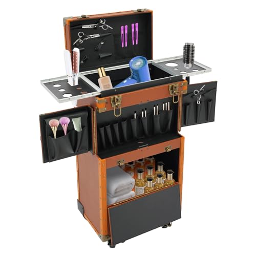 sjcdicnj Lockable Makeup Train Case Rolling Hairdressing Trolley,Beauty Salon Cosmetic Luggage Trolley Cart with Wheels for Hairstylists & Makeup Artists (Coffee)