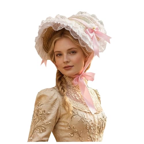 Victorian Womens Tea Party Sun Hat Lolita Bows Florals Flat Straw Hats Womens Wide Brim Sun Hat with Wind Lanyard Light Pink