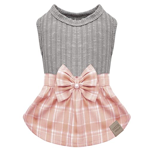 KYEESE Dog Dress Plaid with Bowtie Dog Sweater Dresses for Small Dogs Cat Dress for Spring Summer