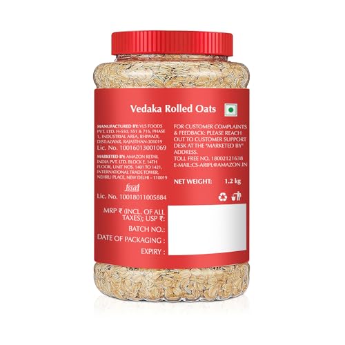 Image of Amazon Brand - Vedaka Rolled Oats | 1.2 Kg Jar | Contains 100% Oats | High in Protein