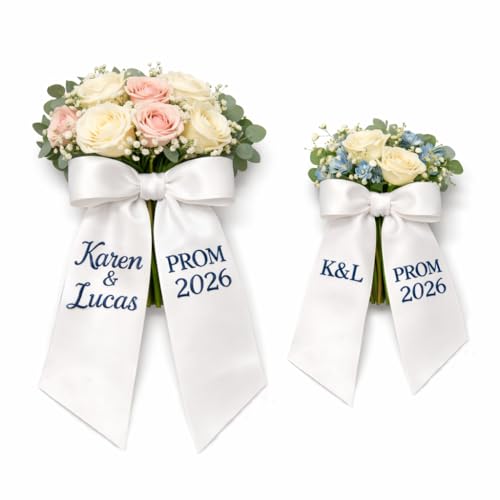 Personalized Prom Bouquet Sash 2026 Custom Embroidered Couple Name Ribbon Bow Monogram Flower Bouquet Wrap for Prom Homecoming Graduation Wedding Senior Night Gift Keepsake