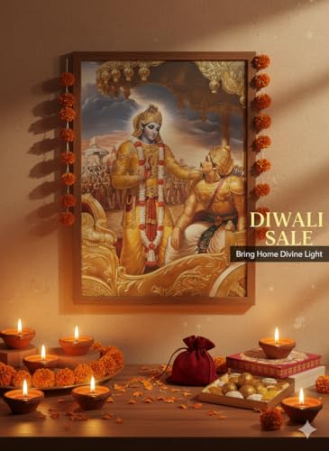 Image of Krishna Divine Wall Art Poster | Shri Krishna Ran Bhumi with Arjun Mahabharat Geeta Gyan | Divine Artwork for Home, Temple, and Meditation Spaces | 350GSM Paper (A5 21L x 14.8W)